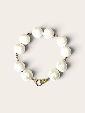 Handmade Chunky Glass Large Pearl Bead Bracelet Gold Tone Lobster Clasp Wedding
